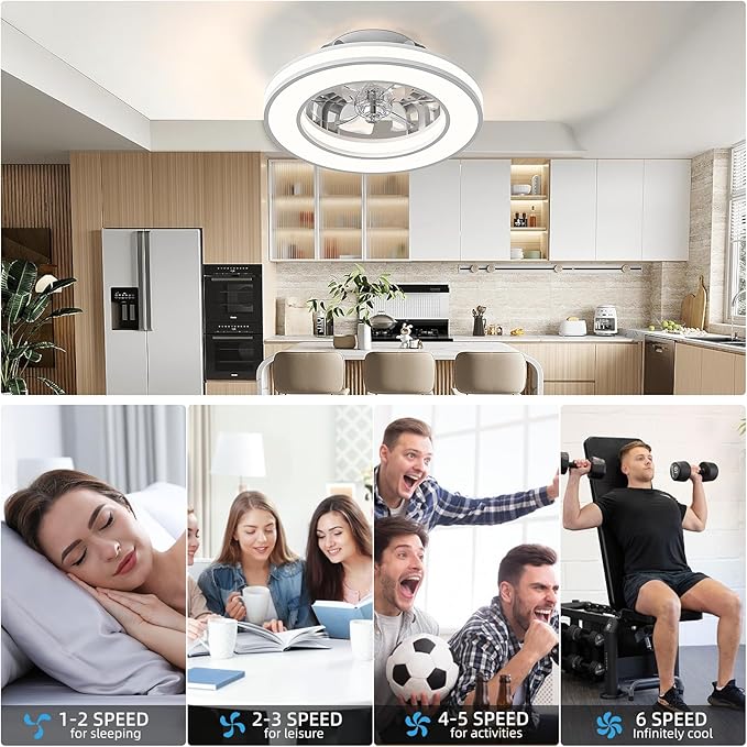 16'' Ceiling Fans with Lights, Modern Low Profile Ceiling Fan Light with Remote, 3000-6500K Dimmable LED Fan Light, 6 Speeds Small Flush Mount Ceiling Fan for Bedroom, Kids Room(White)