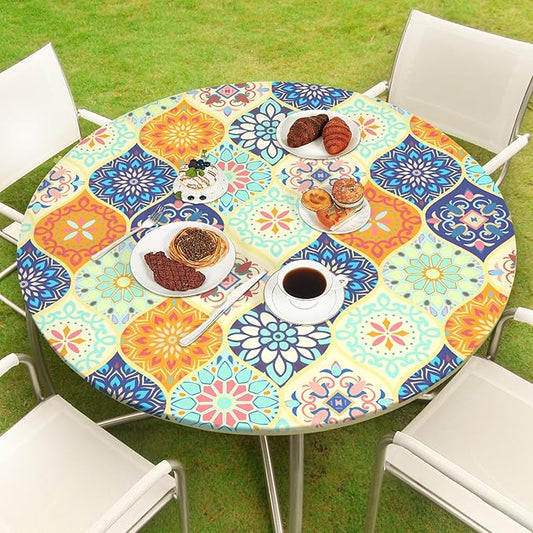 Round Tablecloth Fitted Elastic Table Cover Waterproof Table Cloth for Dinner, Party, Picnic,Camping, Round Table Cover for Indoor Outdoor