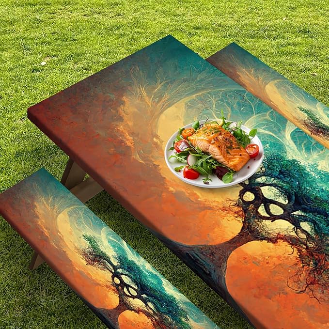 Picnic Table Cover with Bench Covers Elastic Edges, Tree Camper Fitted Table Cover, Outdoor Patio Camping Essentials 72 Inch 3PCS, Waterproof Camping Fitted Tablecloth with Drawstring Bag