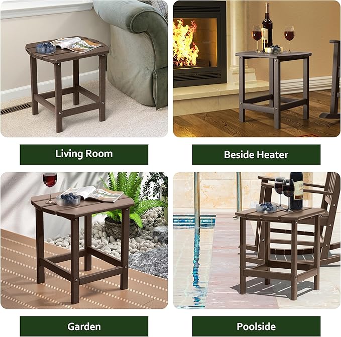 TORVA Patio Adirondack Side Table, Outdoor End Tables All-Weather Resistant HDPE Humidity-Proof Long Time Use for Deck, Lawn,Garden, Porch, Backyard End Table（Brown Color-1 Tier）