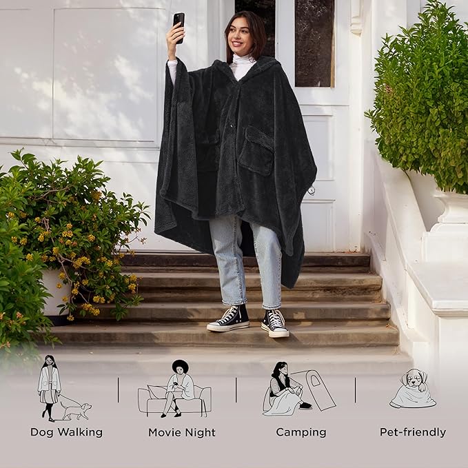 Bedsure Blanket Poncho for Women, Hooded Wearable Fleece Blanket for Adult, Winter Poncho Shawl Wrap Cape as Gifts for Mom