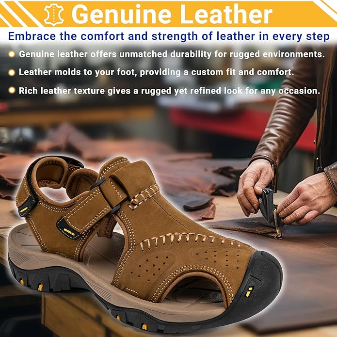 Men's Sport Sandals Closed Toe Leather Hiking Athletic Walking Outdoor Beach Trail River Fishing Water Shoes Lightweight Comfortable Waterproof