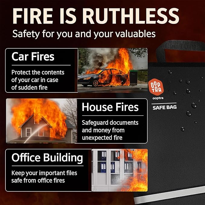 Fireproof Document Bag (Beige) – Waterproof Zipper – Lightweight & Portable – for Home, Office & Travel – Holds Files, Cash, Passport, Valuables – Fire & Water Resistant – with External Buckle