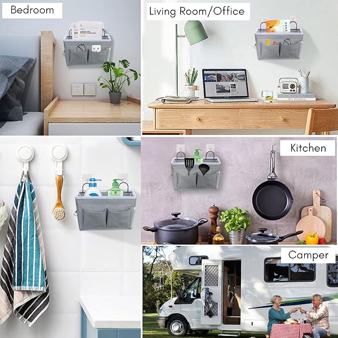 2pcs Middle Wall Hanging Organizer Bag, Linen Fabric Door Hanging Storage Basket with Pockets, Waterproof Bin for Kitchen, Bedroom, Office, RV Camper (Gray)