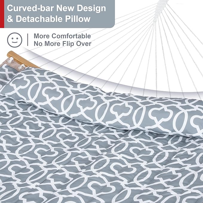 Double Hammock with Stand Included, Portable Hammock with Curved Spreader Bar, Pillow and Carrying Bag, 450 Lbs Capacity, Grey Pattern