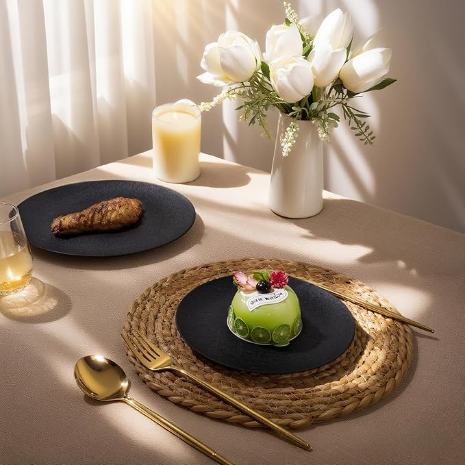 WONDERFUL 32pcs Black Plates Black Plastic Plates Unbreakable and Reusable Plastic Plate Dishwasher safe Dishes Set Includes:16 Dinner 10" and 16 Dessert Plate 7.3" Suitable for BBQ & Camping