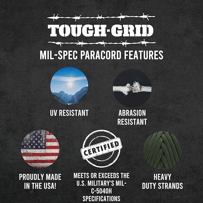 TOUGH-GRID Paracord Rope 750 lbs Nylon Parachute Cord, Made in USA Survival Kit, Outdoor Adventures, Camping, Tactical Gear & Emergency Supplies, Military Type IV Mil-Spec