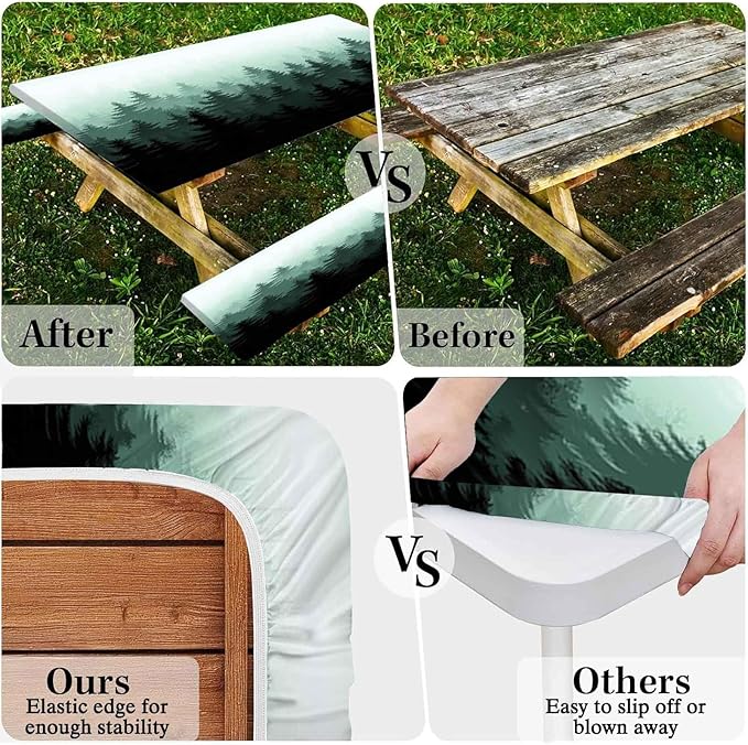 CAPSCEOLL Elastic Picnic Table Cover with Bench Covers 5Ft Waterproof Fitted Picnic Table Cover Cloths for Outdoors Camping Tablecloth with Drawstring Bag, 60X30in, Green Forest