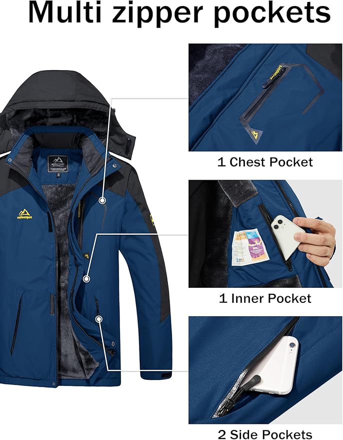 MAGCOMSEN Men's Winter Coats Water Resistant Ski Snow Jacket Warm Fleece Jacket Parka Raincoats With Multi-Pockets