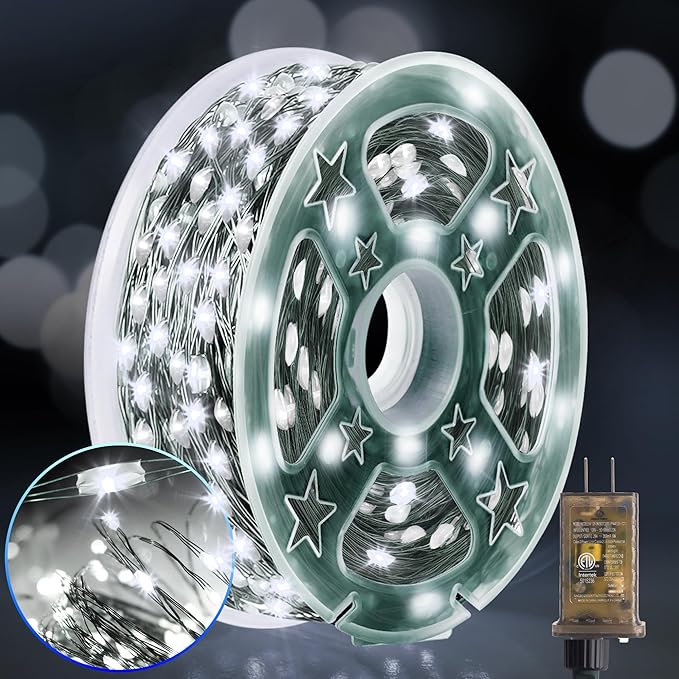 KNONEW 100FT Outdoor Christmas Fairy Lights Plug in,300 LED String Lights Outdoor Waterproof 8 Modes for Wedding Bedroom Walls Garden Trees Decoration(Cool White)