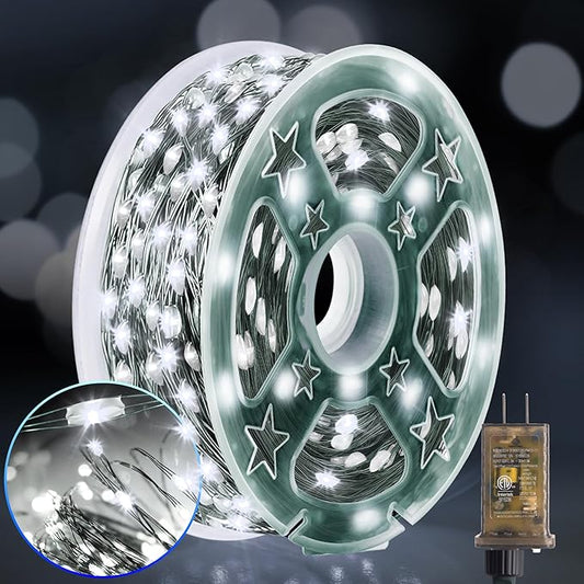 KNONEW 100FT Outdoor Christmas Fairy Lights Plug in,300 LED String Lights Outdoor Waterproof 8 Modes for Wedding Bedroom Walls Garden Trees Decoration(Cool White)