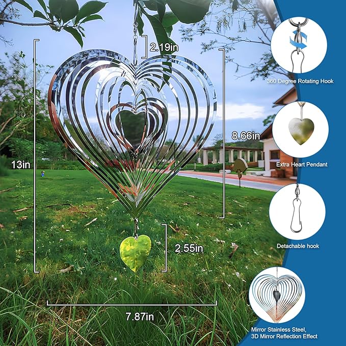 13in Wind Spinners Outdoor Silver Heart Metal Wind Spinners for Yard and Garden, Stainless Steel Hanging Wind Chimes for Outside Patio Art Decor Whirligig Gifts for Mom Gramother