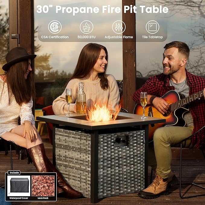 ovios 8 Pieces Patio Furniture Set with 30" Fire Pit Table, Outdoor Wicker Sofa with Comfy Cushions, All Weather High Back Rattan Couch Conversation Set, Black