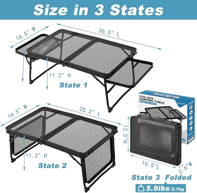 Small Low Camping Table with 2 Wing Panels, Folding Low Picnic & Outdoor Table with 2 Shelves, Lightweight & Easy Carry for Beach, Fishing, Sturdy Steel Mesh Top (3 FT, Black)