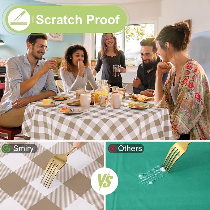 Smiry Round Plastic Table Cloth, Waterproof Vinyl Tablecloth with Flannel Backing, Wipeable Buffalo Plaid Table Cover for Dining, Indoor and Outdoor (Khaki & White, 60" Round)