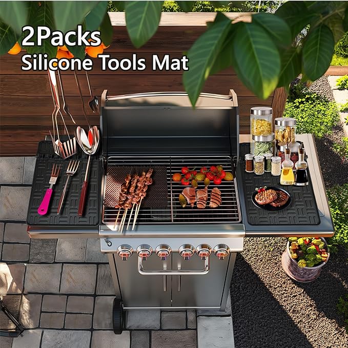 2PCS Silicone Griddle Tools, Large Spatula Mat with Drip Pad, Side Shelf Mat for Grill BBQ Accessories (Black, 15.35" x 10.63")