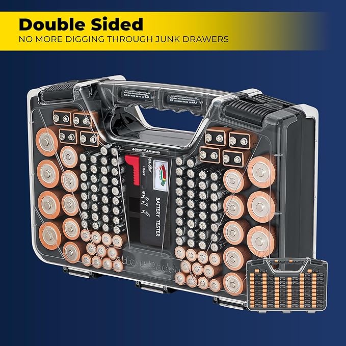 Ontel Battery Daddy Storage & Organizer Case with Tester, Stores & Protects Up to 180 Batteries, Double-Sided, Durable Design W/Clear Locking Lid, Secure Latches & Portable Carrying Handle - Charcoal
