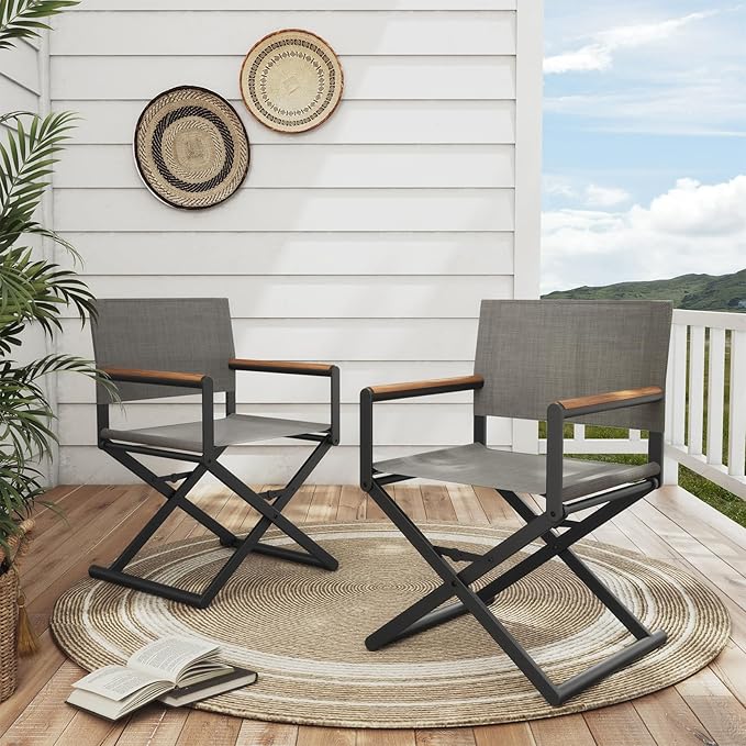 Grand patio Extra-Wide 2-Pack Directors Chairs, Folding Dining Chair Set of 2 with Sling, Woodgrain Armrests, Outdoor, Gray