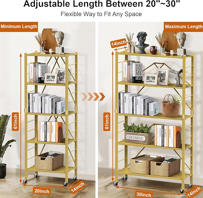 5 Tier Foldable Storage Shelves, Expandable Folding Shelving Units with Wheels, Changeable into 2 Shelf Units, Collapsible Adjustable Storage Rack Metal Shelves for Storage, Pantry, Garage, Gold