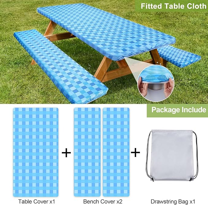 Picnic Table Cover with Bench Covers Camping Essentials Waterproof Windproof Camping Tablecloth with Drawstring Bag, Fitted Rectangle Tables and Seats, 72in, Blue