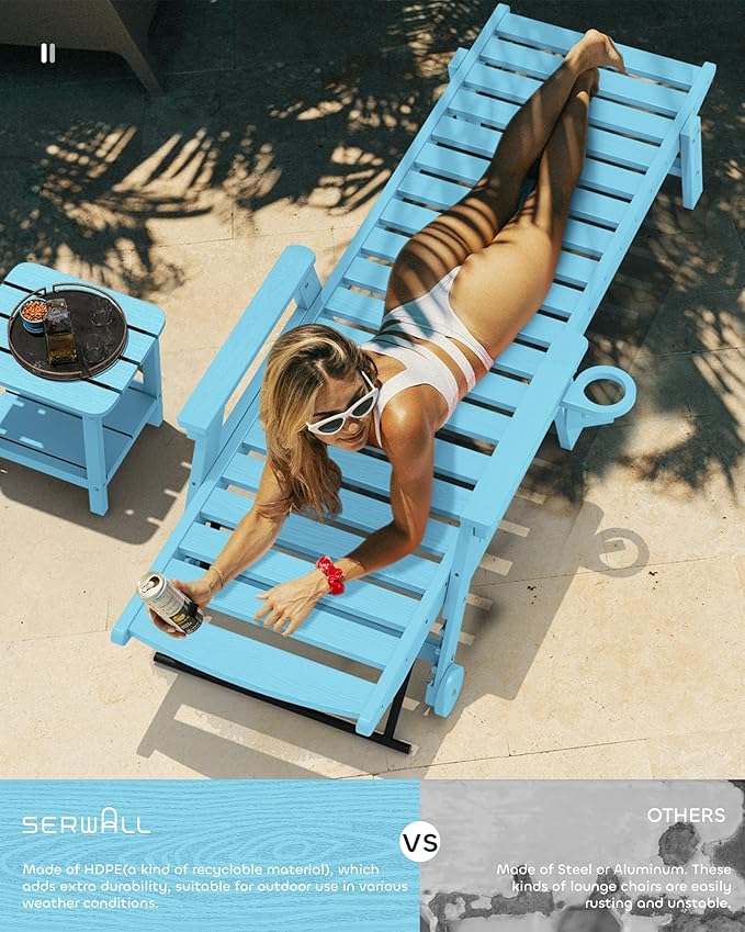 SERWALL Patio Chaise Lounge Chair Set of 2, 78'' Long 5-Positions Adjustable HDPE Outdoor Lounge Chair for Pool, Poly Lounge Chair with Rolling Wheels & Cup Holder for Poolside, Deck, Light Blue
