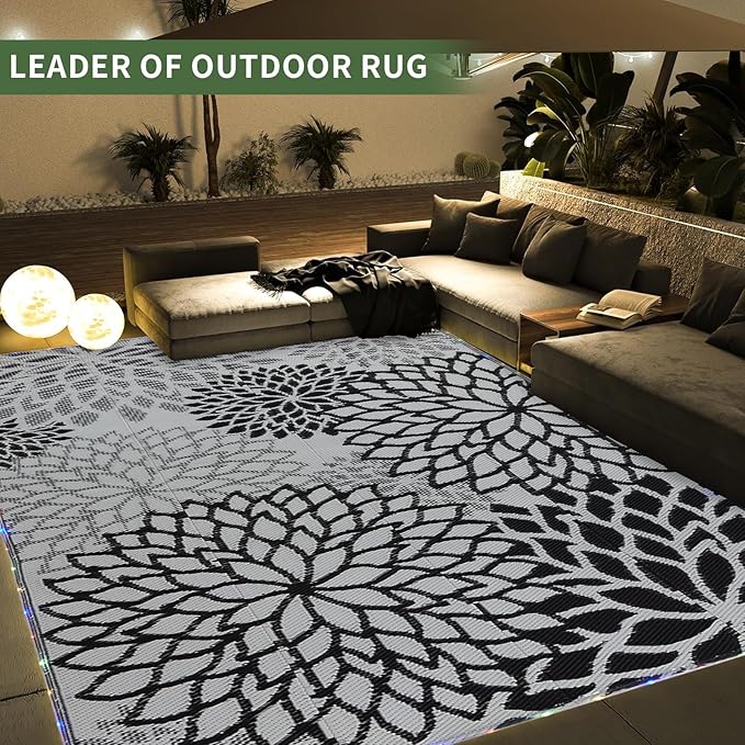 Outdoor Rug 8x10 ft with LED Light, Waterproof Reversible Outdoor Plastic Straw Rug for Patios Clearance, Large Outdoor Area Rug Carpet RV Mat for Camping Backyard Deck Porch Beach