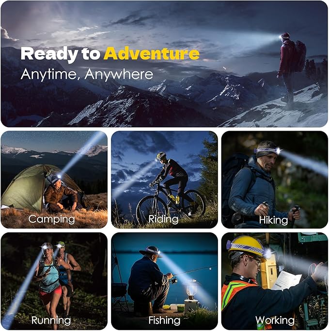 Rechargeable Headlamp, High Lumen Bright 5 LED Head Lamp with Red White Light,IPX4 Waterproof Headlight,8 Mode Head Flashlight for Outdoor Running Hunting Fishing Hiking Camping Gear-Blue