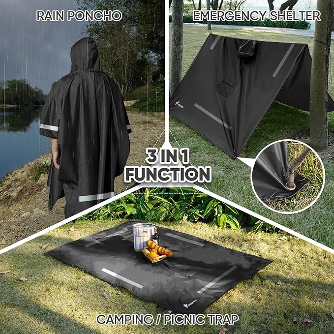PTEROMY Hooded Rain Poncho for Adult with Pocket, Waterproof Lightweight Unisex Raincoat for Hiking Camping Emergency