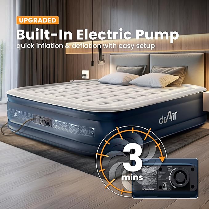 King Air Mattress, 18” Raised Inflatable Bed with Built-in Pump, Waterproof Velvety Top, Ergonomic Design, Reinforced Support, and Carry Bag for Home, Camping, and Guests