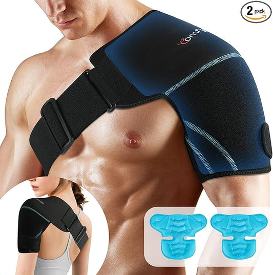 Comfytemp Shoulder Ice Pack Wrap, 2 Gel Packs+1 Shoulder Brace, Ice Sleeve for Injuries Reusable, Physical Therapy Cold Compression for Arm Rotator Cuff Pain Relief, Surgery Recovery
