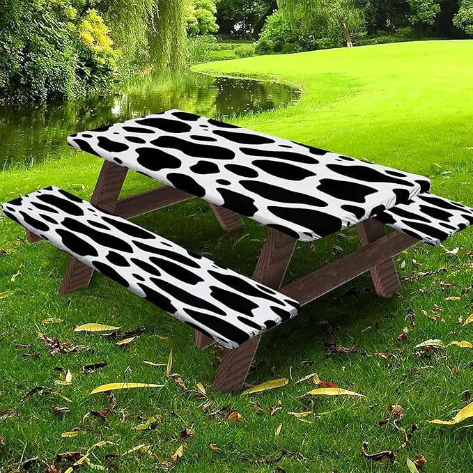 CAPSCEOLL Fitted Picnic Table Cover with Bench Covers with Elastic 8Ft Waterproof Camping Picnic Table Cover Cloths for Outdoors Camping Tablecloth with Drawstring Bag, 96X30in, Black White