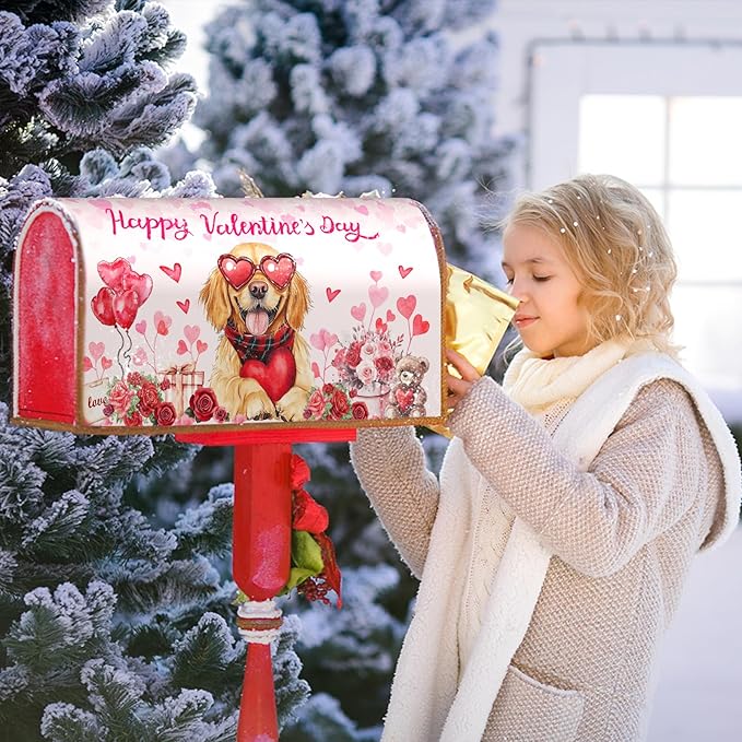 Happy Valentine Mailbox Covers Magnetic Standard Size 25.5"x21" Golden Retriever Dog Love Heart Decorative Mail Box Post Cover Rose Anniversary Pink Mail Box Post Cover for Home Outdoor Garden