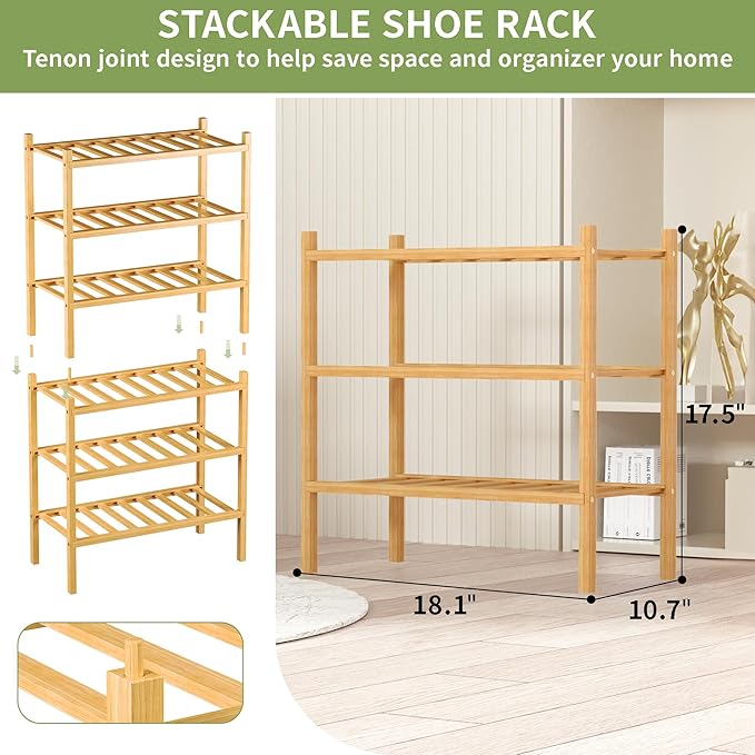 3-Tier Bamboo Small Shoe Rack, Free Standing Wood Shoe Shelf Storage Organizer for Closet Entryway Stackable (Natural)