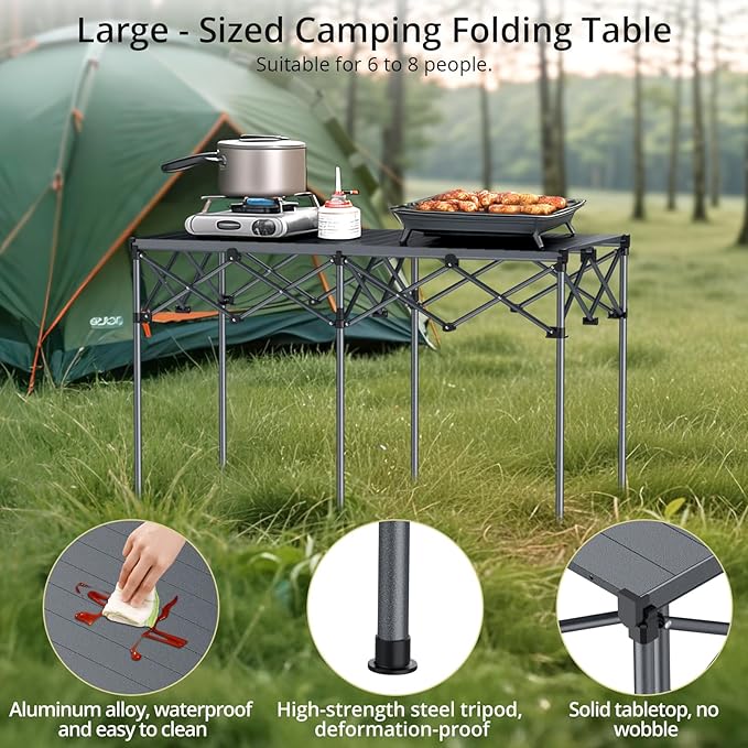 Large Camping Table Foldable for 2-8 People, 48” x 23.6” Aluminum Roll Up Camping Table Support 264lbs, Waterproof, Portable Outdoor Table with Carry Bag, for Backyard BBQ Tailgating, Black