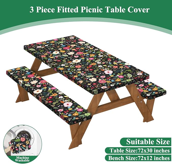 famibay 3 Piece Picnic Table Cover and Bench Covers Black Floral Polyester Camping Tablecloth, Windproof Reusable Fitted Picnic Table Covers with Elastic(12”x72+30”x72”)