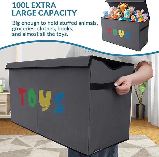 Toy Box Chest, Collapsible Sturdy Storage Bins with Lids, Extra Large Kids Toy Storage Organizer Boxes Bins Baskets for Kids, Boys, Girls, Nursery Room, Playroom, Closet (A-TBX-GRAY-MULTI)