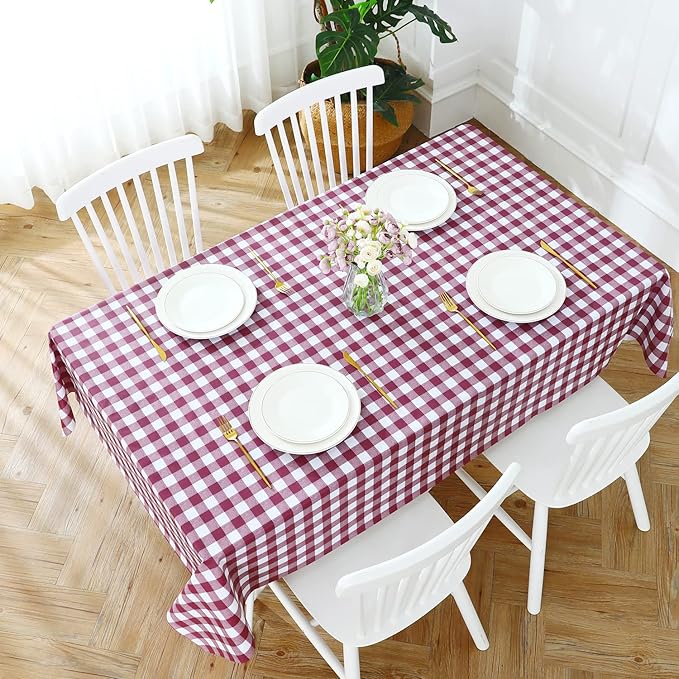 Romanstile Square Vinyl PVC Tablecloth, 100% Waterproof Buffalo Plaid Plastic Table Cloth, Oil Proof Heavy Duty Wipeable Table Covers for Dining/Camping/Picnic/Outdoor - 54 x 54, Burgundy