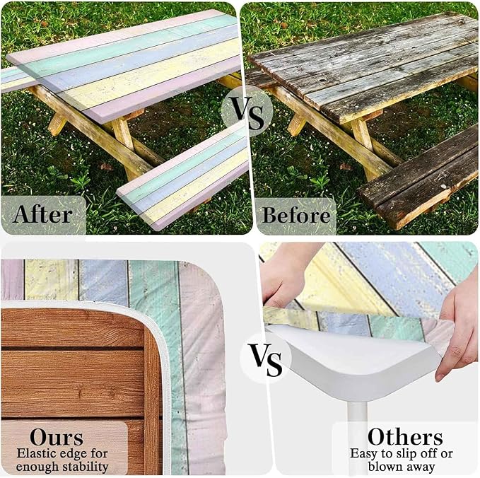 CAPSCEOLL Elastic Picnic Table Cover with Bench Covers 5Ft Waterproof Fitted Picnic Table Cover Cloths for Outdoors Camping Tablecloth with Drawstring Bag, 60X30in, Colorful Wood