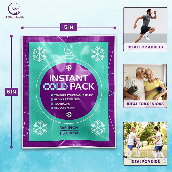 Instant Ice Cold Pack (6” x 5”) - 50 Packs Disposable Instant Ice Packs for Injuries | Cold Compress Ice Pack for Pain Relief, Swelling, First Aid, Toothache, & Outdoor Activities -Subscribe & Save