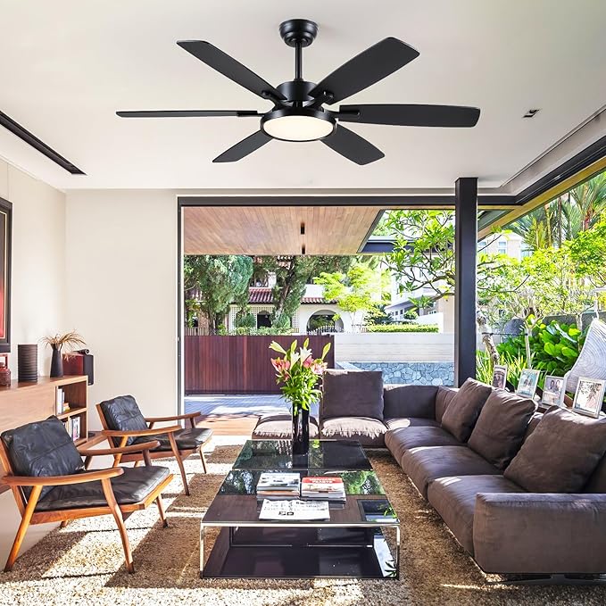 52“Ceiling Fan with Light,Black Ceiling Fans with Light and Remote for Bedroom with DC Motor,6-Blade,3CCT,Surper Bright Dimmable LED Ceiling Light with Fan for Livingroom Patio Use,Indoor/Outdoor