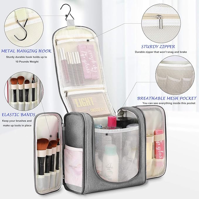 Hanging Toiletry Bag Extra Large Capacity | Premium Travel Organizer Bags For Men And Women | Durable Waterproof Nylon Bathroom, Shower, Makeup Bag For Toiletries, Cosmetics, Brushes