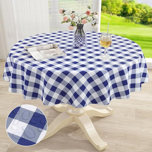 misaya Round Waterproof Vinyl Table Cloth, Buffalo Flannel Backed Tablecloth, Wipeable Plastic Table Cover for Dinner, Kitchen, Picnic (60", White and Navy)