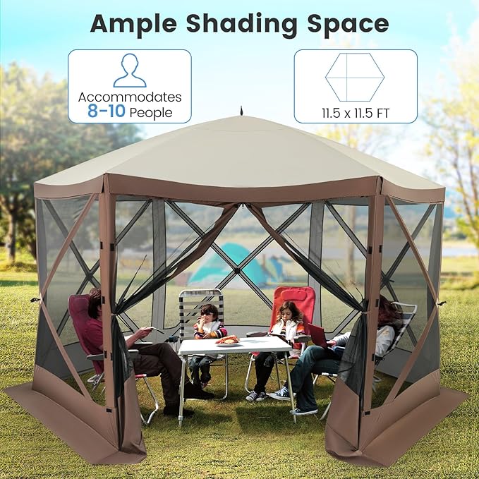 Tangkula 11.5x11.5 Ft Pop Up Gazebo with Netting, Portable Screen Tent with 6 Sided Mesh Walls, 2 Sunshade Cloths, Outdoor Instant Canopy Shelter with Carry Bag for Camping, Lawn, Backyard