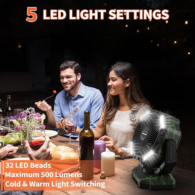 MORECORE 40000mAh Battery Operated Camping Fan with Light, 120HRS Running, Powerful 4 Speeds & Auto Oscillating, with Timer & Hook, for Travel Tent RV Emergency Hurricane Jobsite Garage-Camo Green