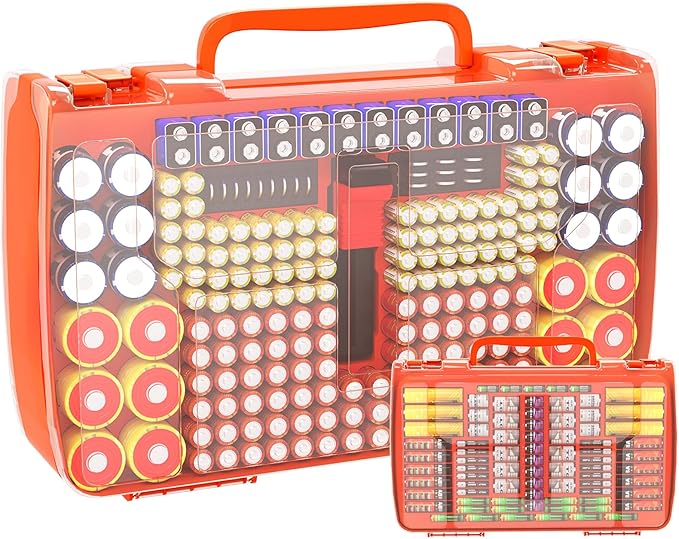 Battery Organizer Storage Holder Box Case with Tester- 269 Batteries Double-Sided Variety Pack, Holds AA AAA 4A C D Cell 9V 3V Lithium LR44 CR2 CR123 CR1632 18650 Button- Orange (Box Only)