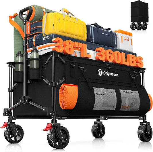 38" L Collapsible Wagon Cart Foldable, 360LB Load Capacity 220L Heavy Duty Folding Beach Wagons with All-Terrain Wheels, Utility Carts for Camping, Sports, Shopping, Groceries - Black