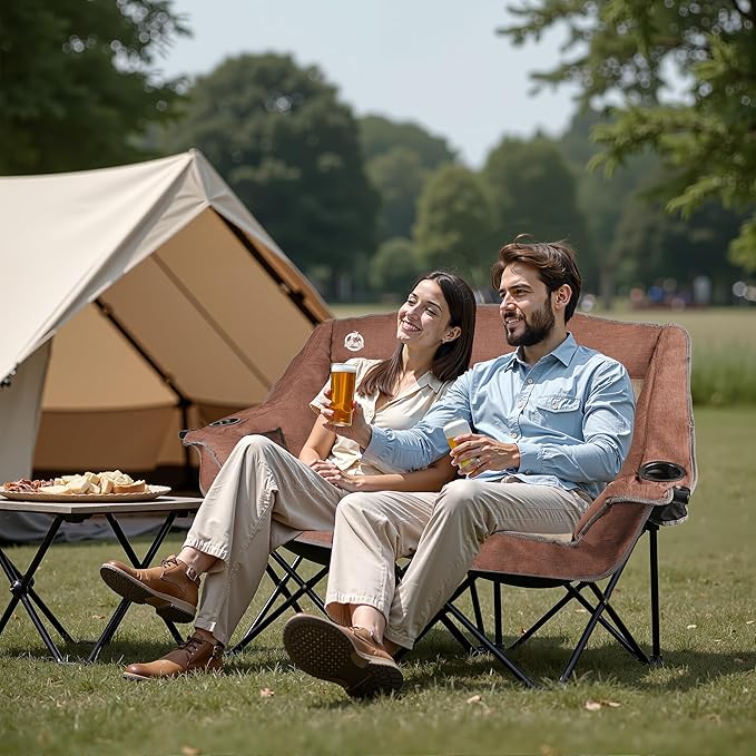Northroad Folding Loveseat Camping Chair Portable Double Duo Full Padded Garden Chair for 2 Person Sofa w/Cup Holder,Wine Glass Holder,Mesh Storage,Support 600lbs for Picnic Beach Travel, Moca