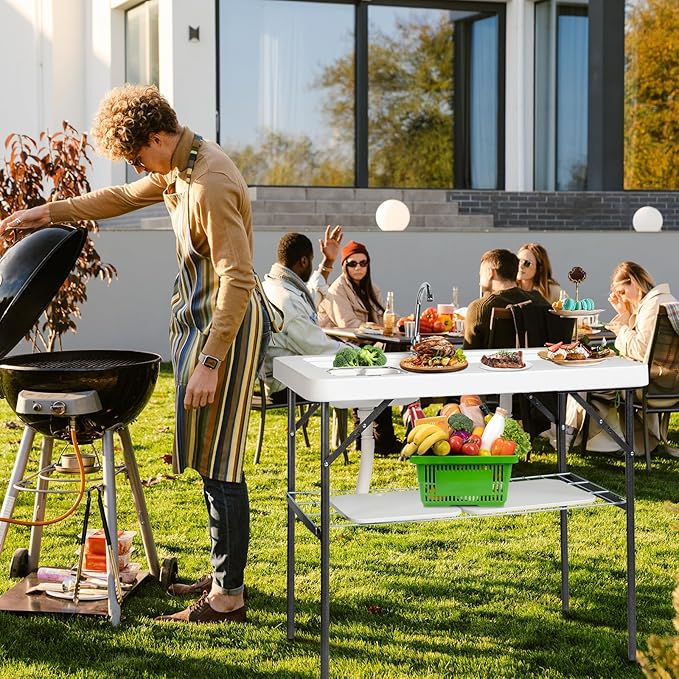 Outvita Folding Portable Camping Sink Table with Sink Faucet, Drainage Hose & Grid Rack, White