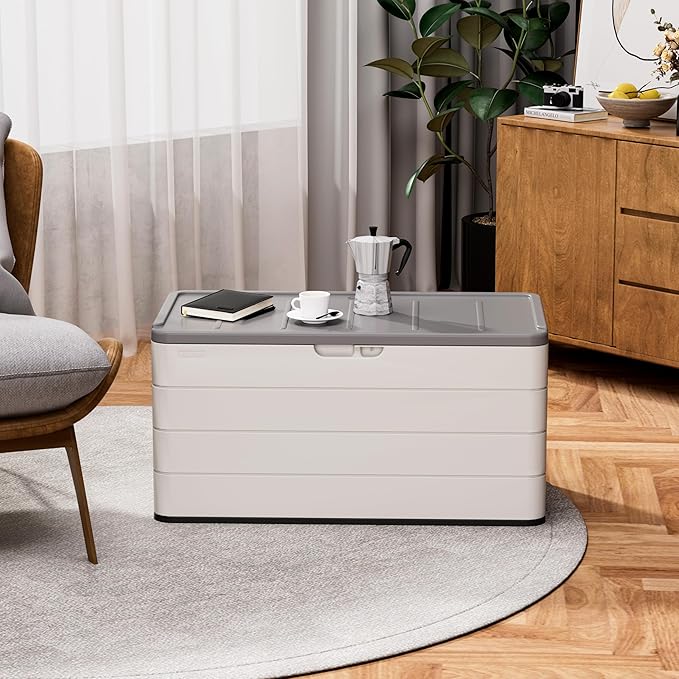 Heavy-Duty 100 Gallon Outdoor Storage Box - Waterproof Deck Box & Large Storage Bin for Patio/Pool, All-Weather Resin Chest with Lock, UV-Resistant, Alpine White
