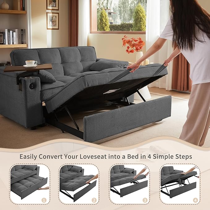 65'' 3-in-1 Folding Convertible Sofa Bed, Queen Size Pullout Sofa, Modern Chenille Fabric, 360° Swivel Side Table, Easy Assembly, Perfect for Living Room